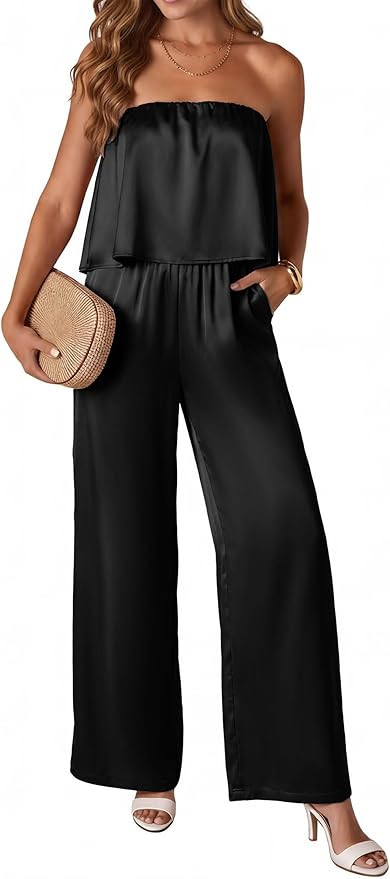 KIRUNDO Jumpsuits For Women Dressy 2026 Casual Tube Top Summer Romper Flowy Satin Strapless One P... | Amazon (US)