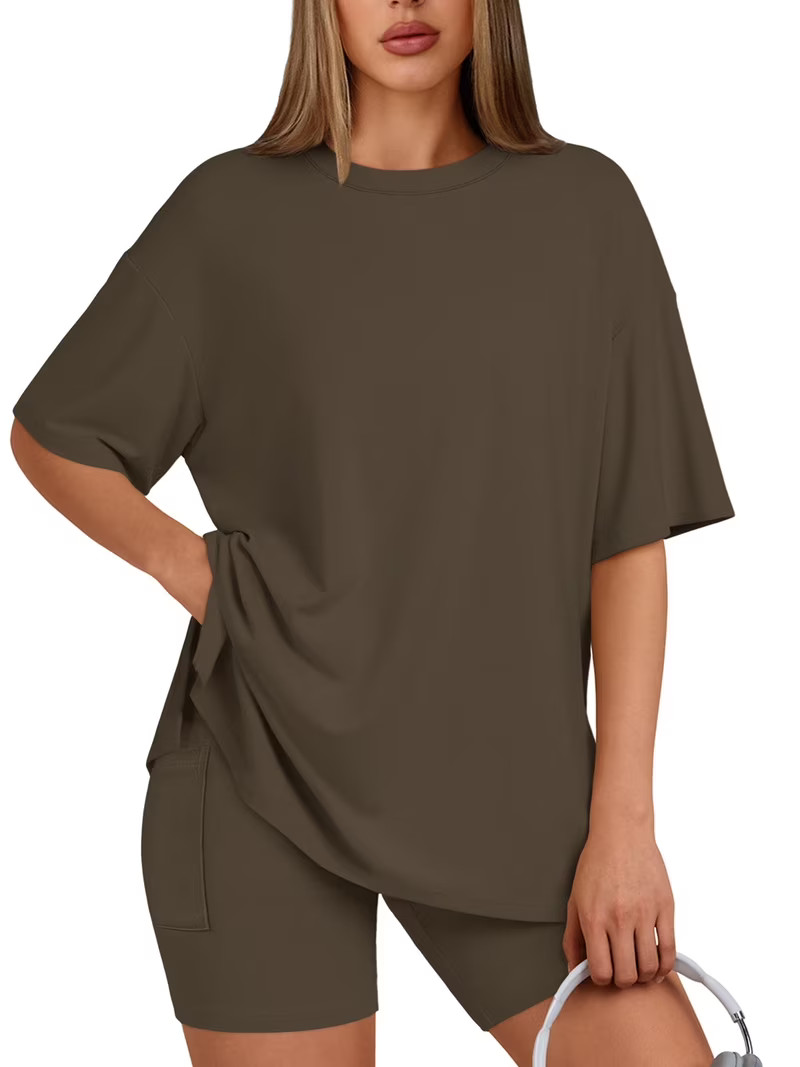 SUNBS Two Piece Lounge Set for Women Outfit Sets Casual Oversized Shirts Biker Shorts Matching Se... | Walmart (US)