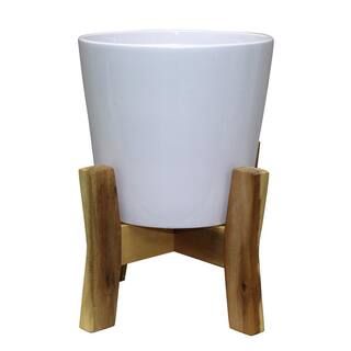 Southern Patio Contemporary 8 in. x 11.02 in. White Ceramic Indoor Planter With Wood Stand CRM-04... | The Home Depot