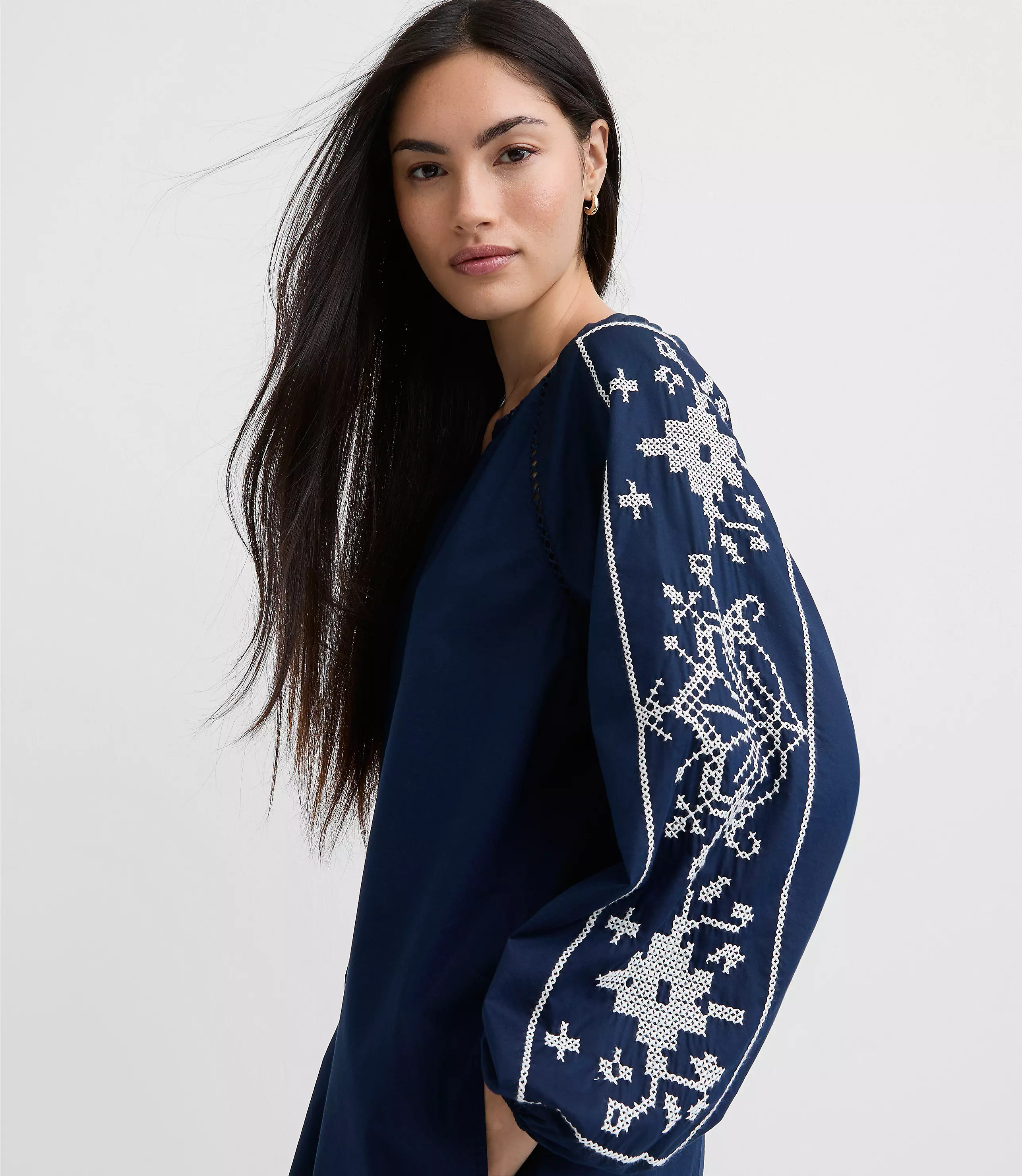 Floral Embroidered Split Neck Mini Pocket Dress | LOFT