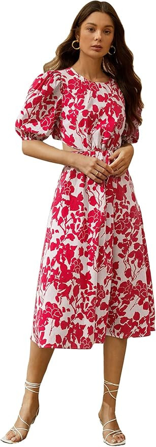 Floerns Women's Cut Out Tie Back Short Sleeve Scoop Neck Floral Print Midi Dress | Amazon (US)