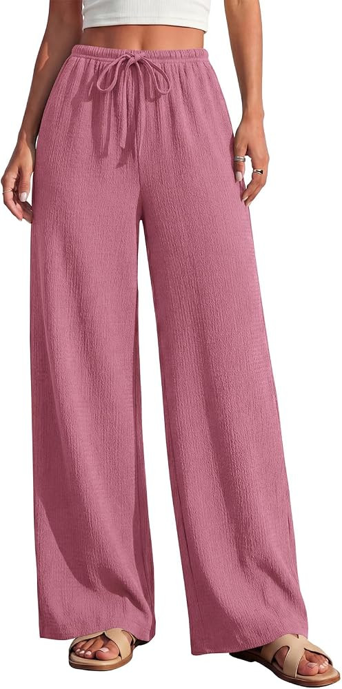 PRETTYGARDEN Womens Summer Elastic Waist Textured Flowy Palazzo Pants for Women Casual Wide Leg P... | Amazon (US)
