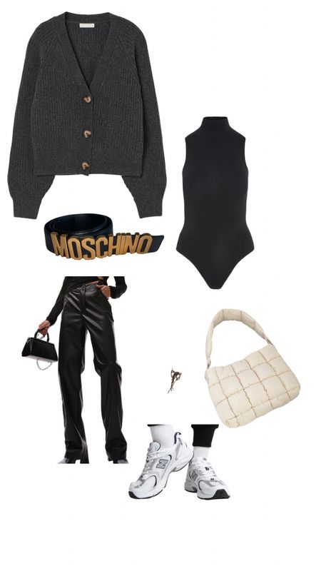 Black outfit, what to wear, dinner date, brunch, date night, casual outfit, leather trousers, grey black cardigan, bodysuit, moschino belt, quilted bag, new balance 

#LTKFind #LTKeurope #LTKaustralia