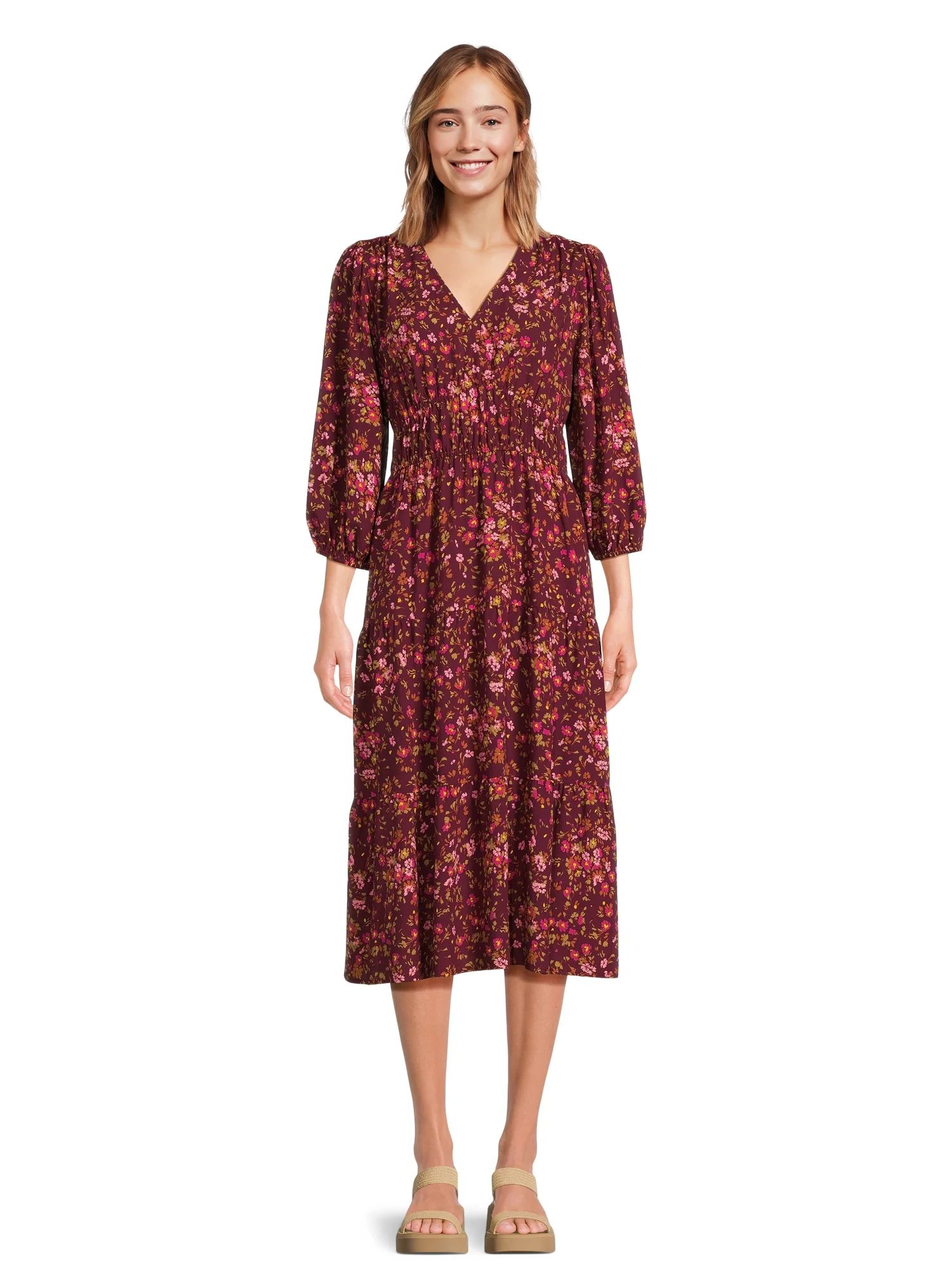 Time and Tru Women’s 3/4 Sleeve Midi Dress, Sizes XS-XXXL | Walmart (US)