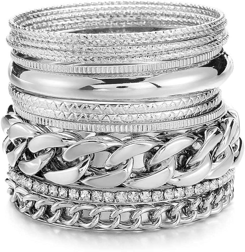 Multiple Textured Metal Bracelets & Bangles Set 14Pcs/Set W/Clear Rhinestones | Amazon (US)