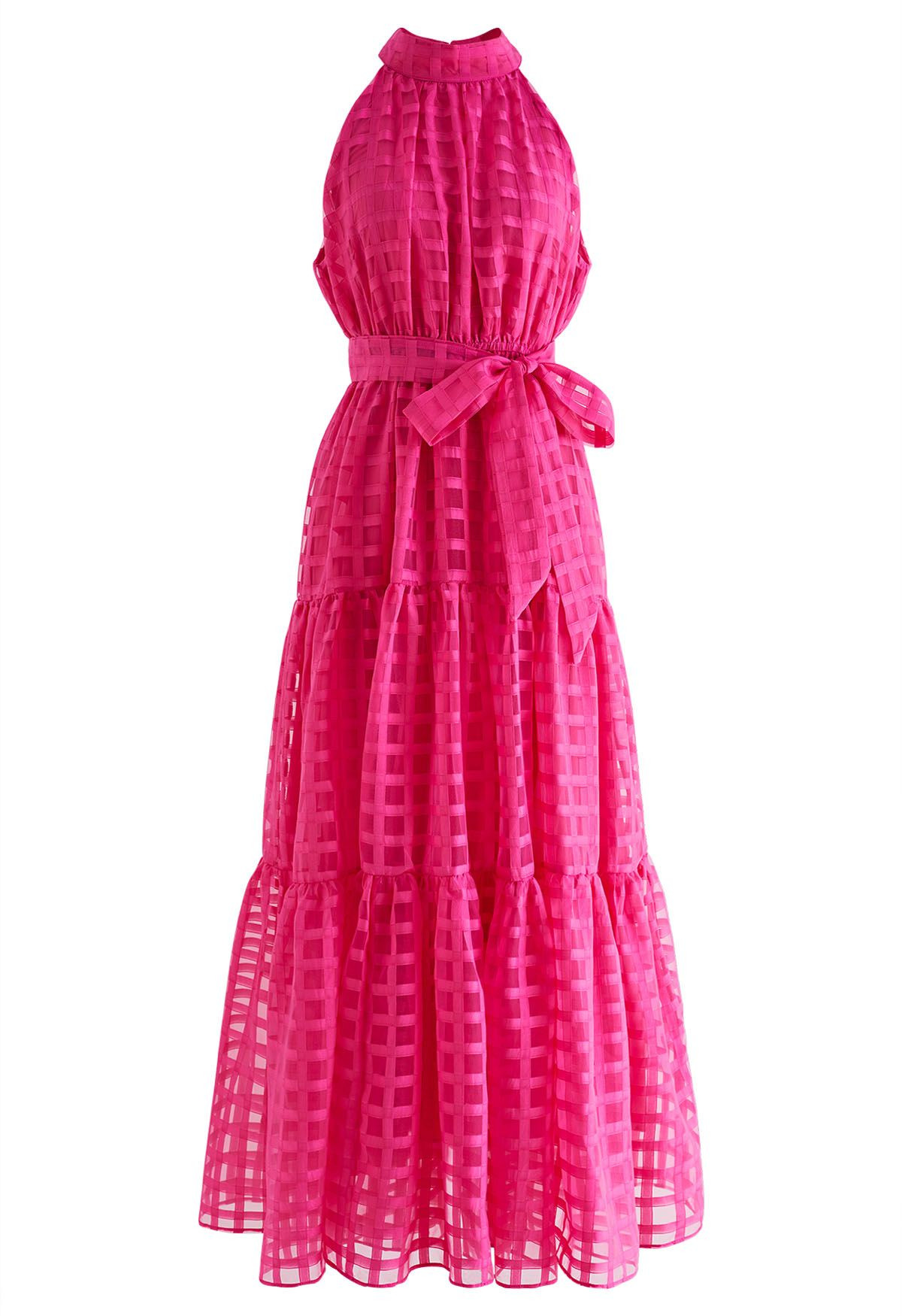 Check Halter Neck Tie Waist Maxi Dress in Hot Pink | Chicwish