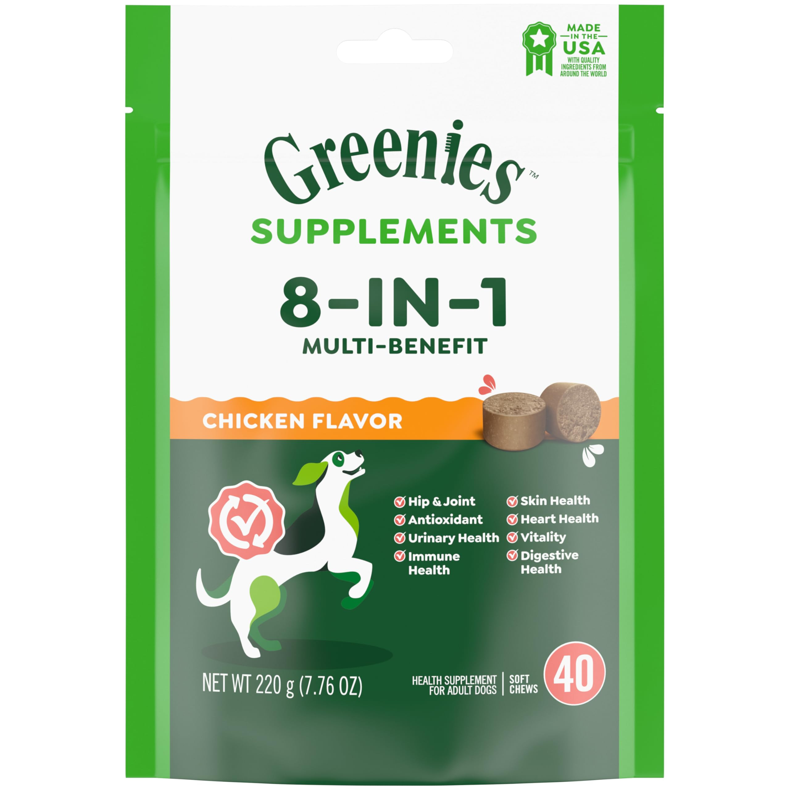 Greenies Dog Supplements 8-in-1 Multi-Benefit Chicken Flavor, 7.76 oz. Pouch, 40 Count | Amazon (US)