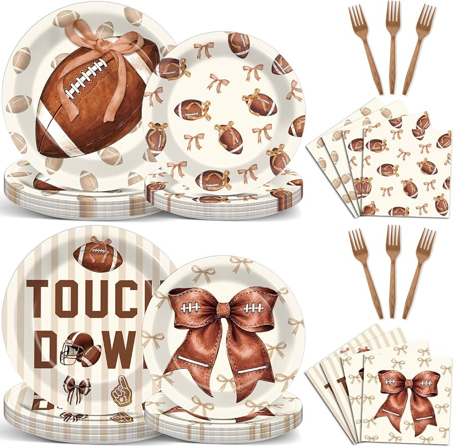 96pcs Football Bow Paper Plates and Napkins Brown Sport Party Decorations | Amazon (US)