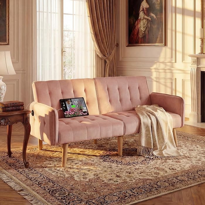 TYBOATLE 65" W Velvet Modern Convertible Folding Futon Couch Sofa Bed w/ 2 USB Charging Ports and... | Amazon (US)