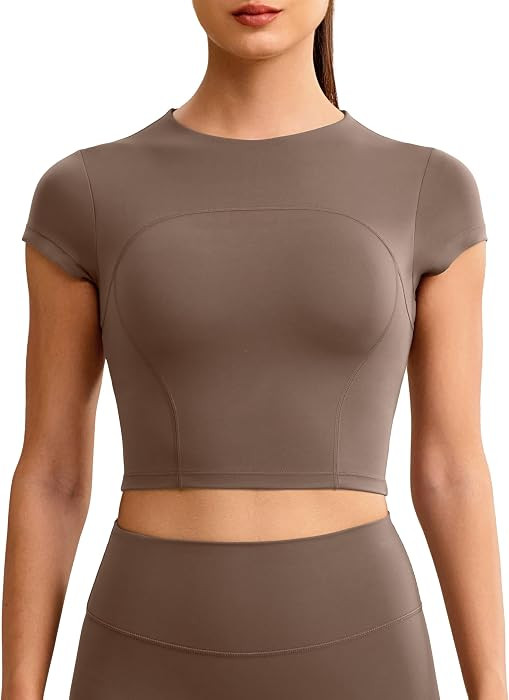 ENERBLOOM Workout Crop Tops for Women Yoga Short Sleeve Removable Bra | Amazon (US)