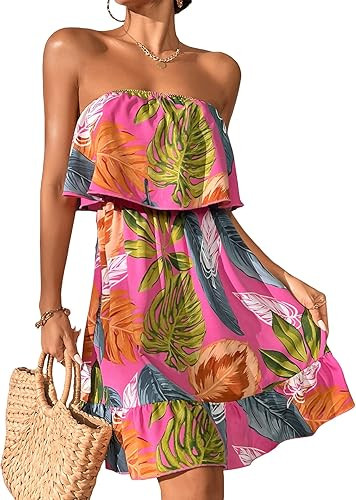 SOLY HUX Summer Dresses for Women Tropical Print Strapless Sleeveless Ruffle Hem Tube Dress | Amazon (US)