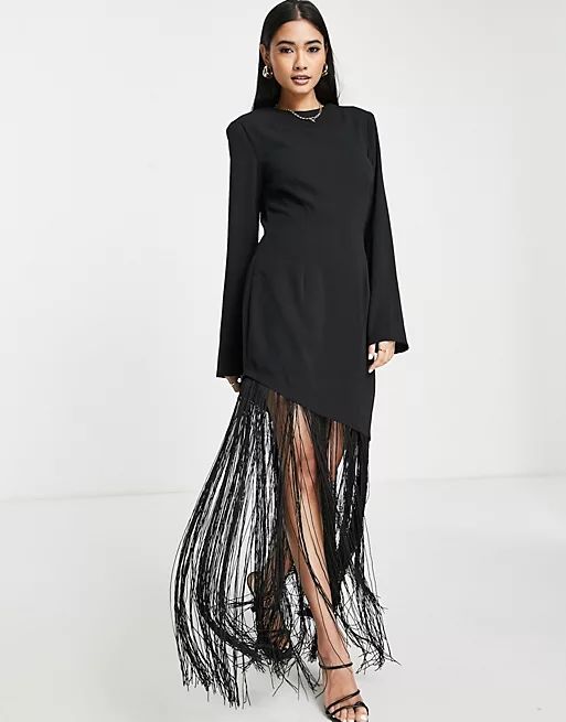 Pretty Lavish asymmetric fringed maxi dress in black | ASOS | ASOS (Global)