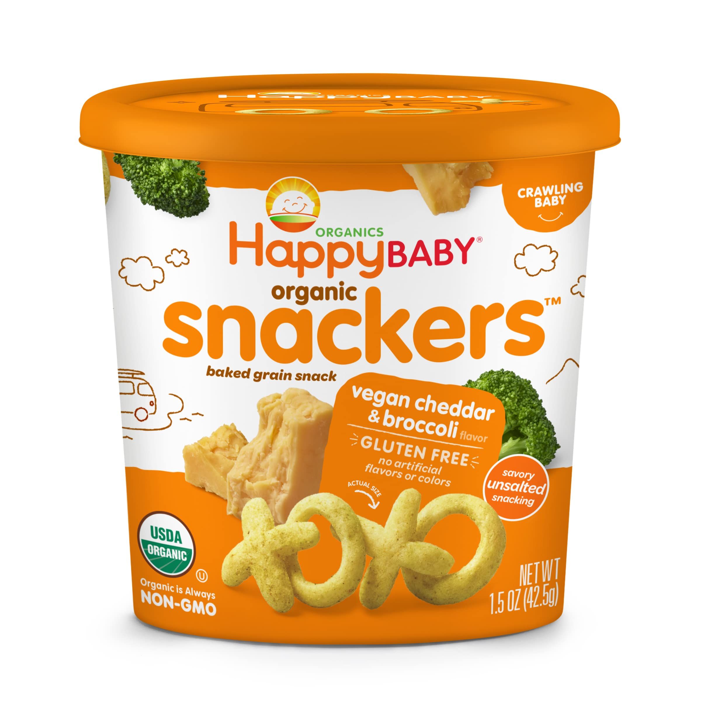 Happy Baby Organics Organic Snackers, Gluten Free Baked Grain Snack, Vegan Cheddar & Broccoli 1.5oz  | Amazon (US)