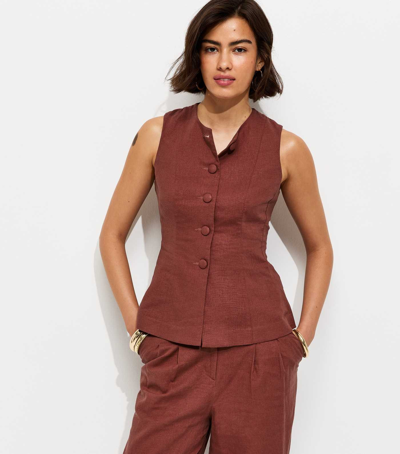 Dark Red Linen Rich Button Through Peplum Waistcoat | New Look | New Look (UK)