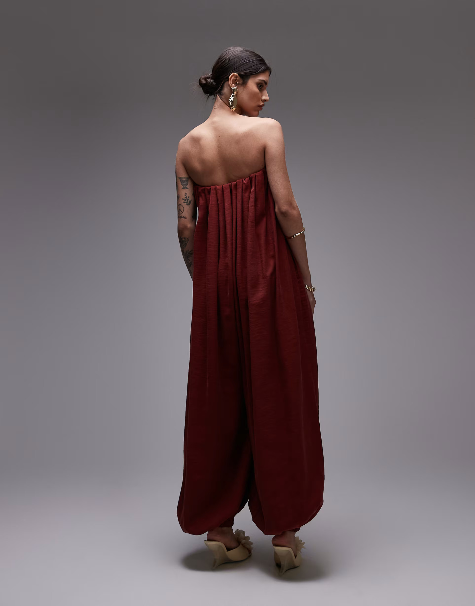 ASOS DESIGN modal bandeau bubble hem jumpsuit in brick red | ASOS | ASOS (Global)