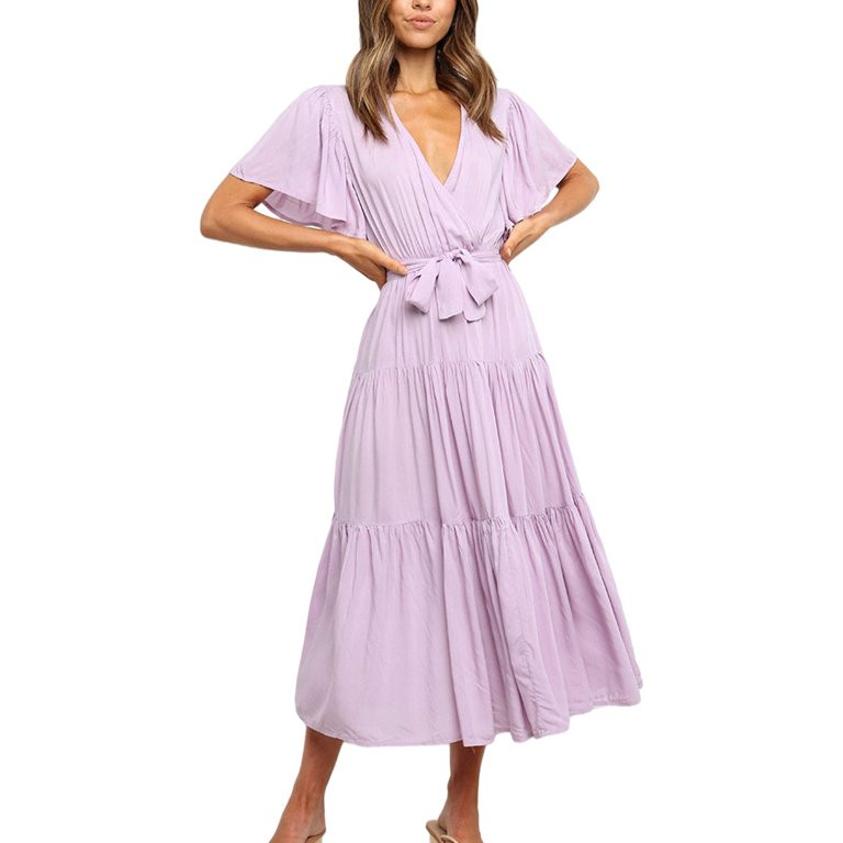 Niuer Dress for Womens Ruffle Short Sleeve Casual V Neck Dress Elegant Evening Party Cocktail Dre... | Walmart (US)