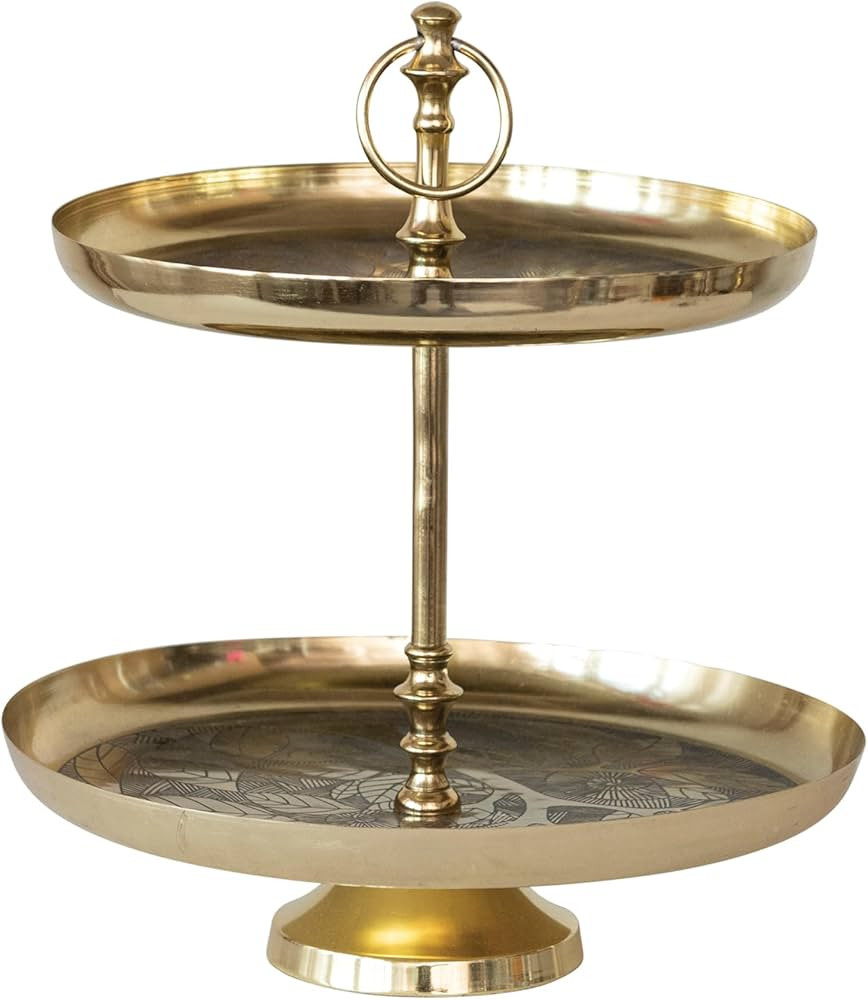 Creative Co-Op Decorative Etched Metal and Aluminum 2-Tier Tray with Branch Design, Gold Finish | Amazon (US)