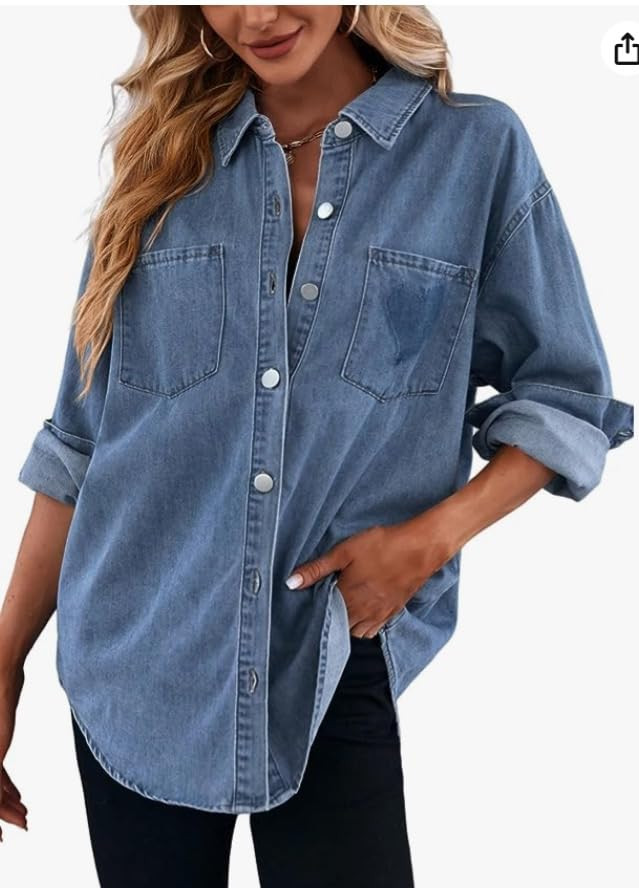 Women's Casual Button Down Denim Shirt Long Sleeve Boyfriend Oversized Jean Jacket with Pockets | Amazon (US)