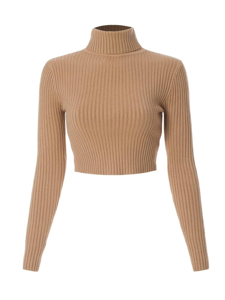 MixMatchy Women's Casual Turtleneck Long Sleeve Ribbed Sweaters Cropped Slim Fitted Knit Top | Amazon (US)