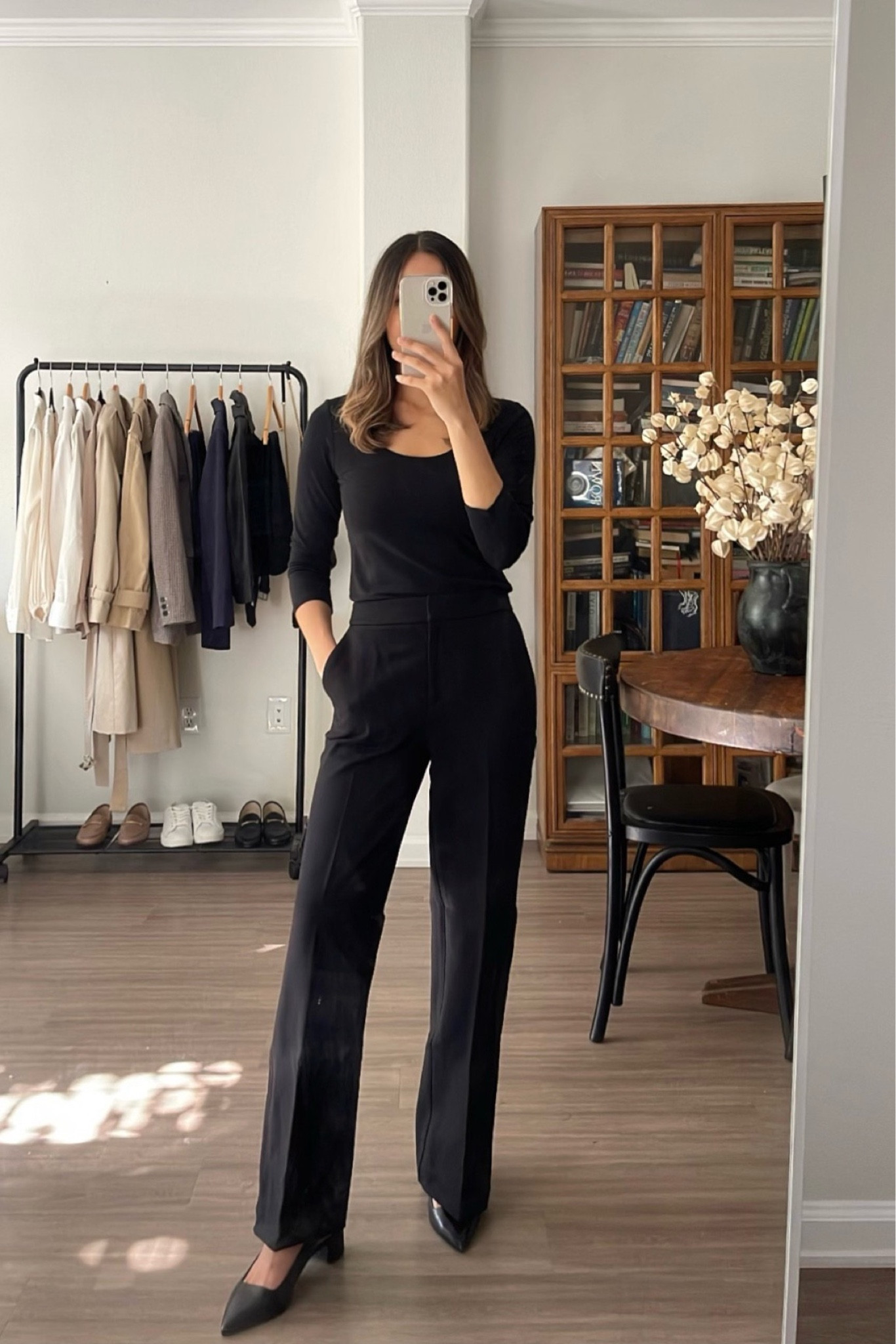 Classic all black workwear, pair with long coat for winter 

Boden work pants - super comfy, 15% off in cart 
Classic black low work heels 

#LTKunder100 #LTKsalealert #LTKworkwear