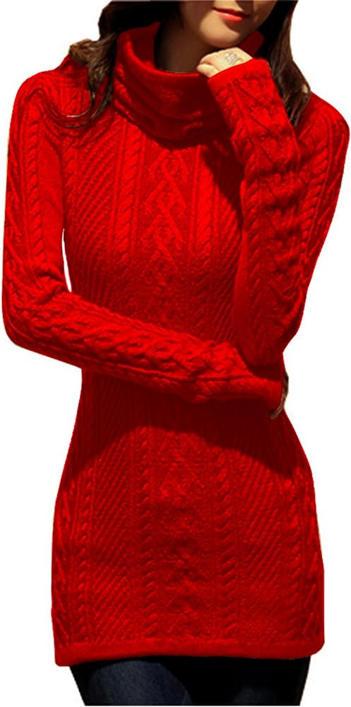 v28 Women Polo Neck Long Slim Fitted Dress Bodycon Turtleneck Cable Knit Sweater | Amazon (US)
