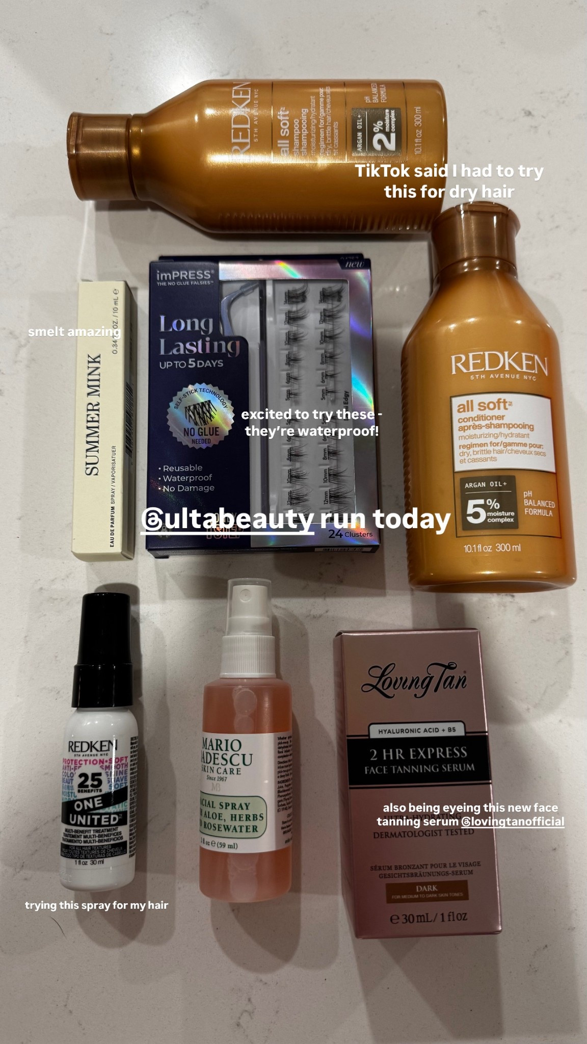 Ulta run 
Hydrating shampoo 
Long lasting fake eyelashes 
Loving tan face serum 

#LTKU #LTKBeauty #LTKSummerEdit
