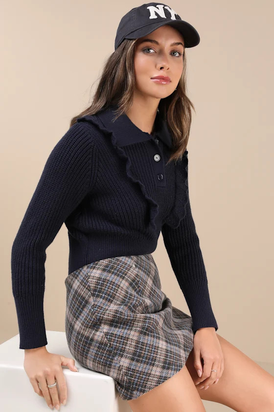 Incredibly Cozy Navy Ruffled Collared Pullover Sweater | Lulus
