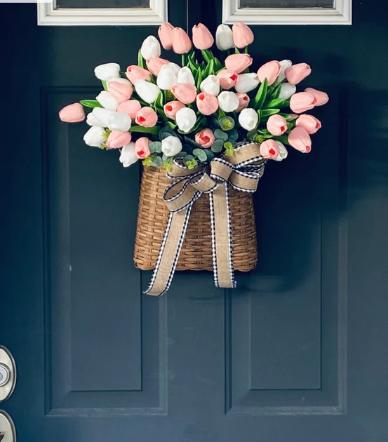 Tulip Door Basket, Summer and Spring Door Hanger, Valentines Day Wall Decor, Farmhouse Tulip Wrea... | Journey Decor