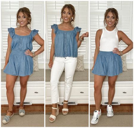I love this matching chambray Walmart fashion set. The top has the cutest eyelet details! Here are three mix and match options for styling it 🙂 runs TTS.

Walmart fashion. Walmart finds. LTK under 50.  
