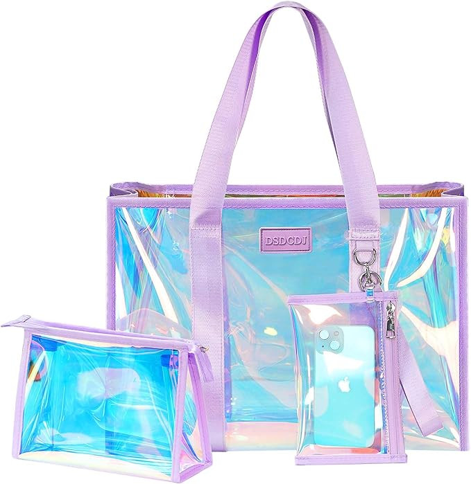 Beach Bags for Women, Iridescent Beach Tote Bag with Makeup Bag & Phone Pouch - Waterproof Clear ... | Amazon (US)