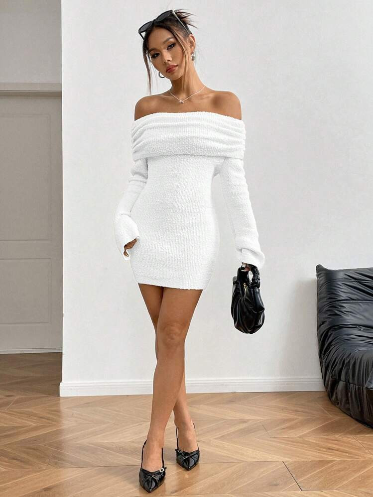 Women's Thick Off-Shoulder Knit Sweater Dress, Fluffy Long Sleeve Bodycon Mini Dress, Sexy Short Dress, Elegant Women Dress, White Dress | SHEIN