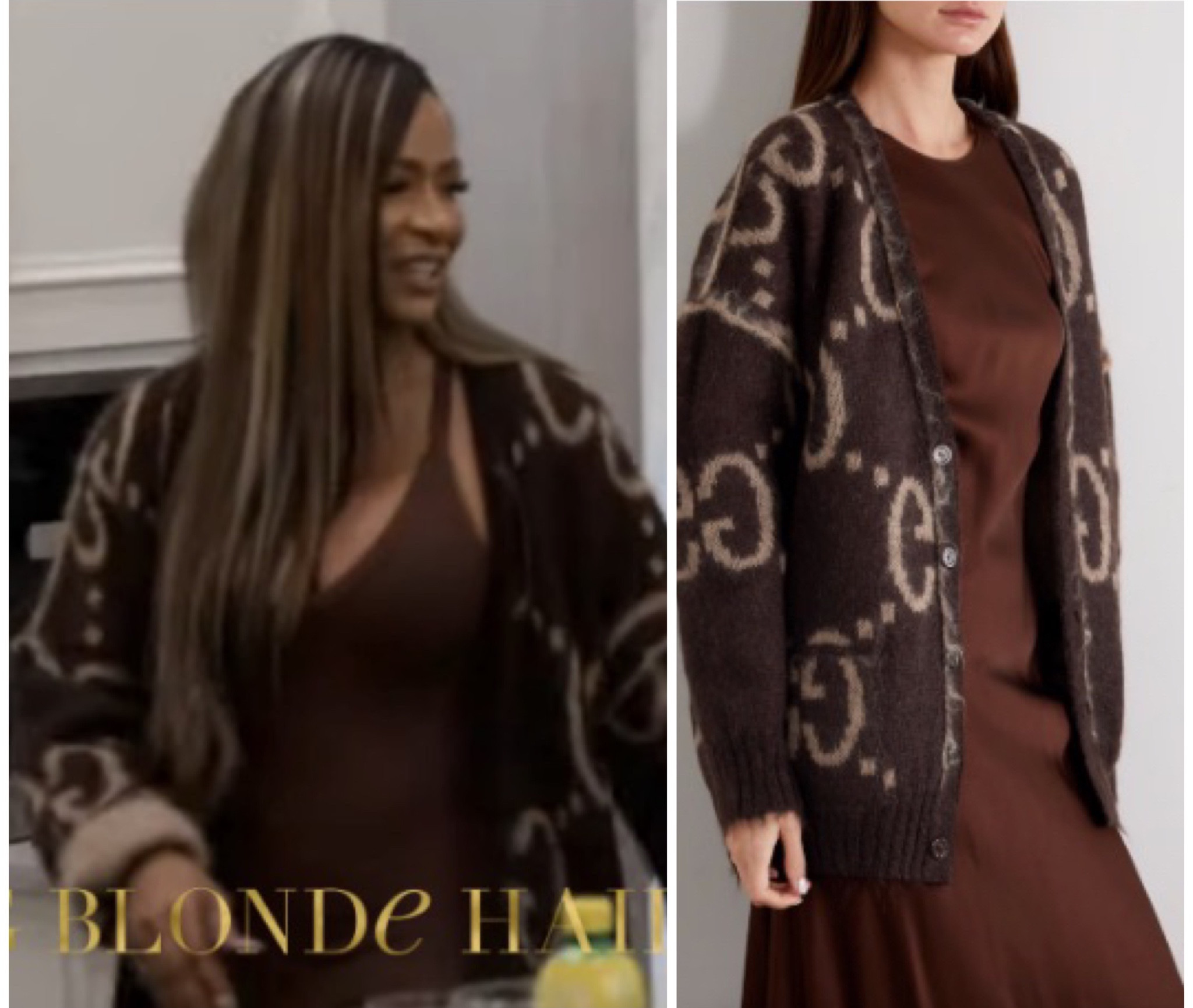 Get Details on Sheree Whitfield’s Brown Logo Cardigan