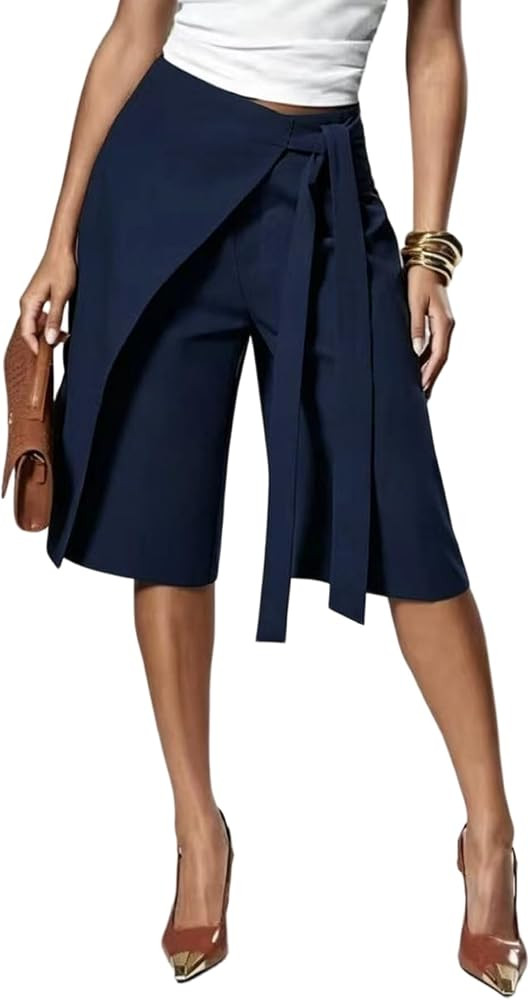 LETSVDO Women Wrap Capri Dress Pants Wide Leg Tie Waist Asymmetrical Shorts | Amazon (US)