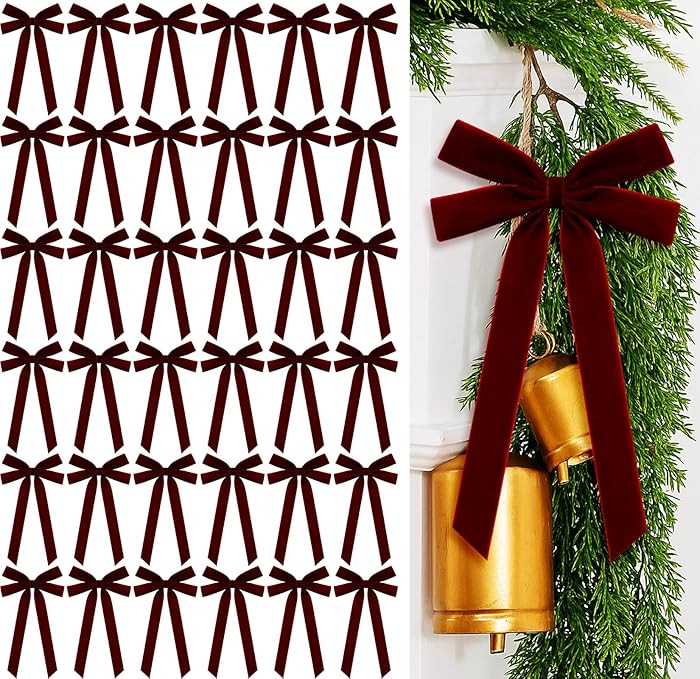 36 Pcs Burgundy Velvet Ribbon Bows 5.1 x 10.2 in Pre Tied Christmas Velvet Bows Christmas Tree De... | Amazon (US)