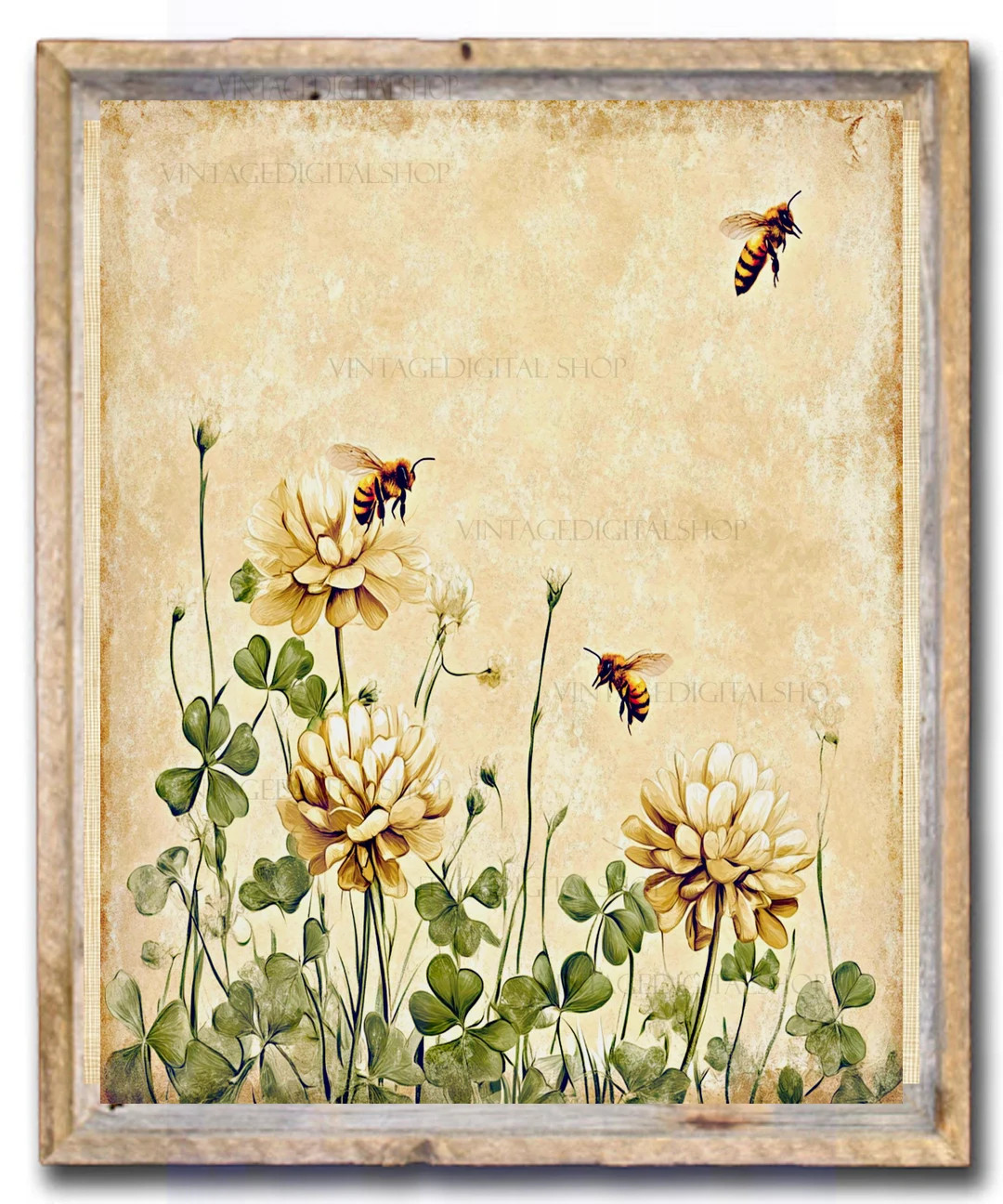 Vintage Floral Clover and Bees Print Wall Art Graphic Download Printable Image - Etsy | Etsy (US)