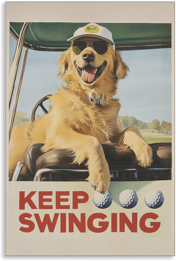Golden Retriever Playing Golf Canvas Wall Art, Gold Dog Painting Funny Quote Keep Swinging Poster... | Amazon (US)