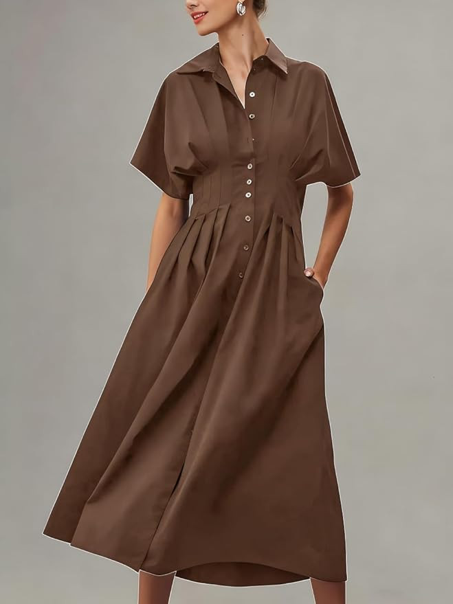 Yeokou Shirt Dress for Women Summer Casual Short Sleeve Button Down Loose Pleated Maxi Sundress w... | Amazon (US)