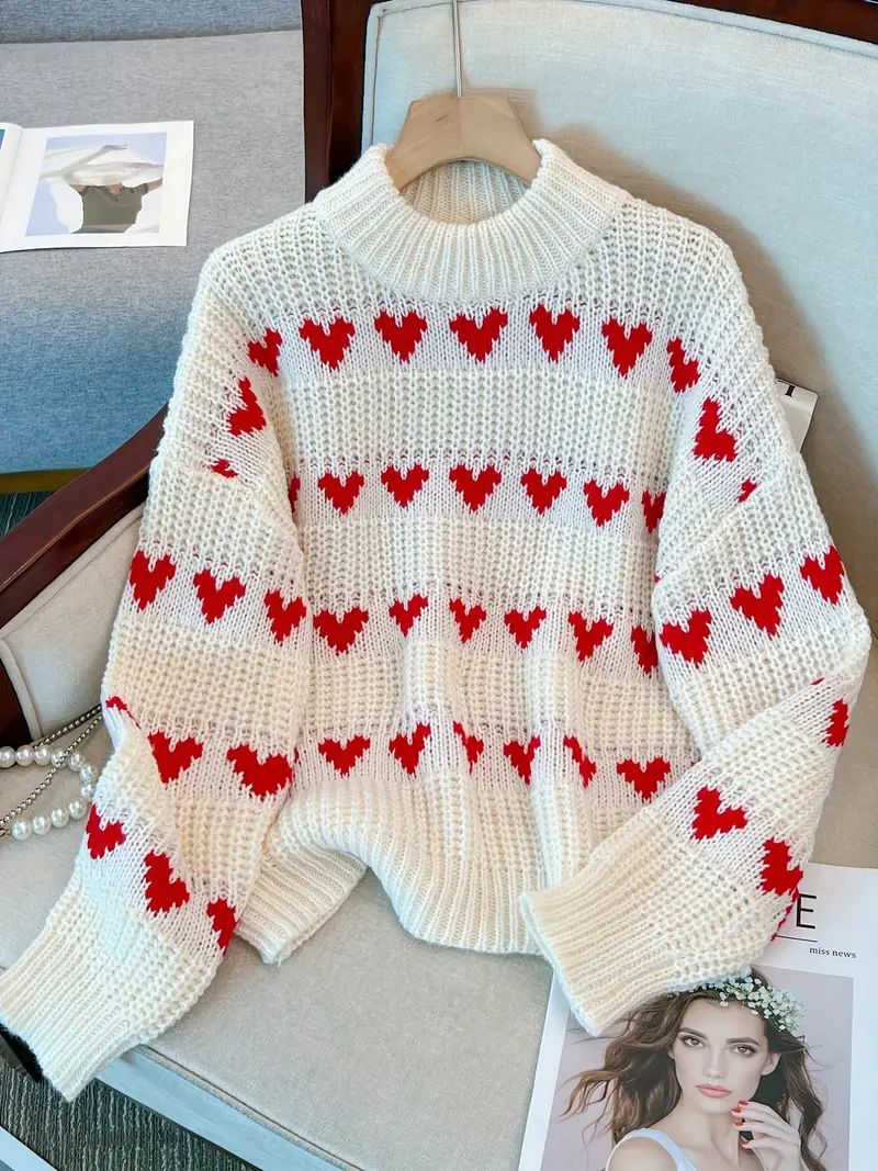 Heart Pattern Knit Sweater Casual High Neck Long Sleeve - Temu | Temu Affiliate Program