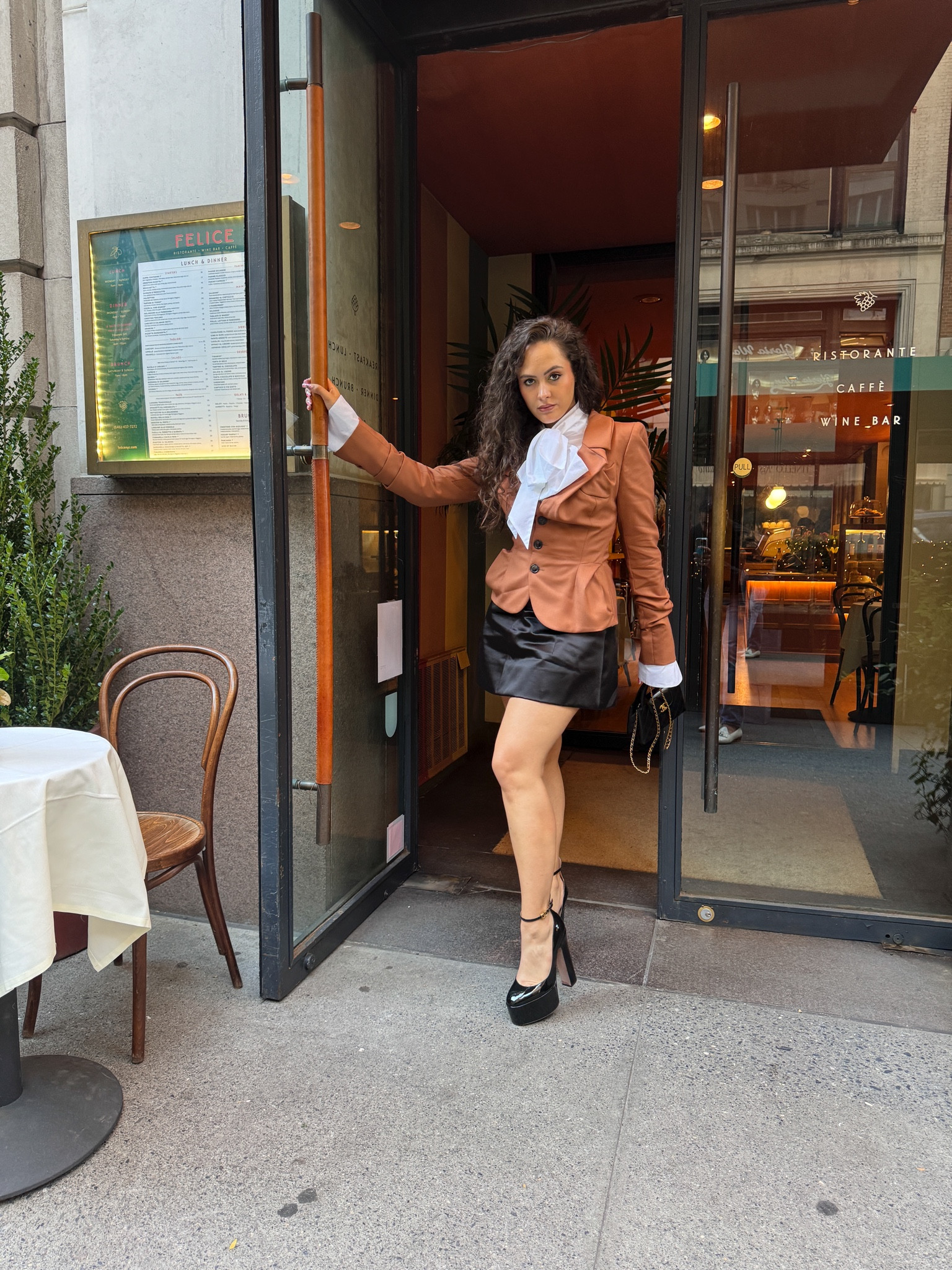 Brow  blazer jacket, white shirt, black skirt, high heels, chanel crossbody chain bag

#LTKSeasonal #LTKstyletip #LTKeurope