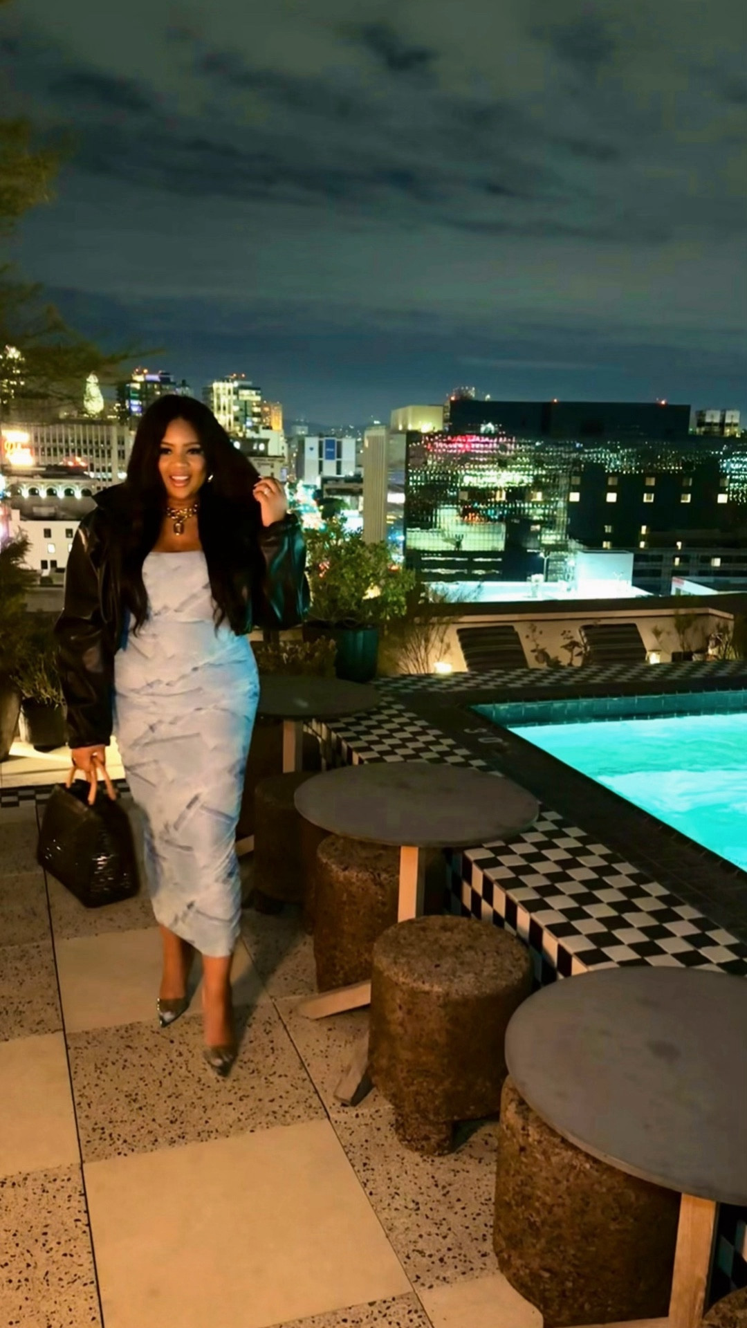 Rooftop cocktails and vibes with the girlfriends. This Good American ruched denim print mesh dress, and Cinderella heels paired perfectly with my Khy by Kylie leather cropped jacket and Prada bag. Accessories by SHEIN! Confidence sold separately ✨

#LTKmidsize #LTKshoecrush #LTKfindsunder100