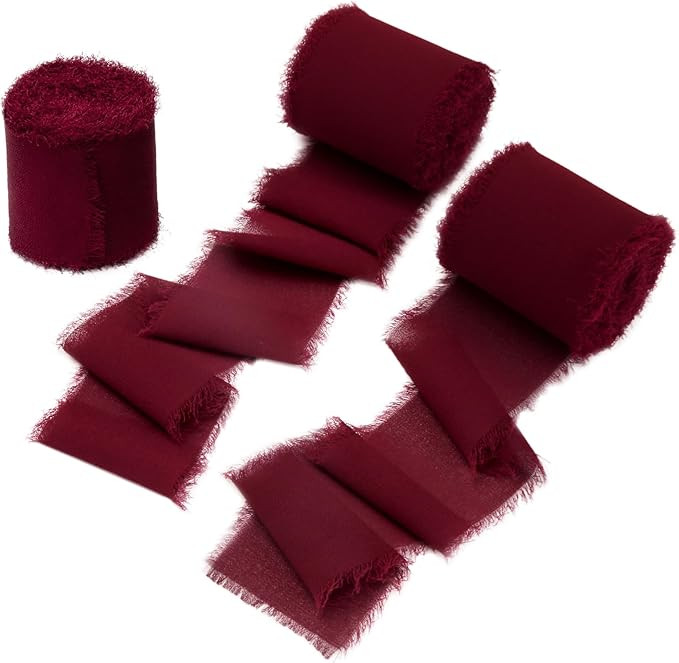 DORIS HOME 3 Rolls 2" x7Yd Fringe Chiffon Ribbon for Flower Bouquet, Handmade Burgundy Ribbon for... | Amazon (US)