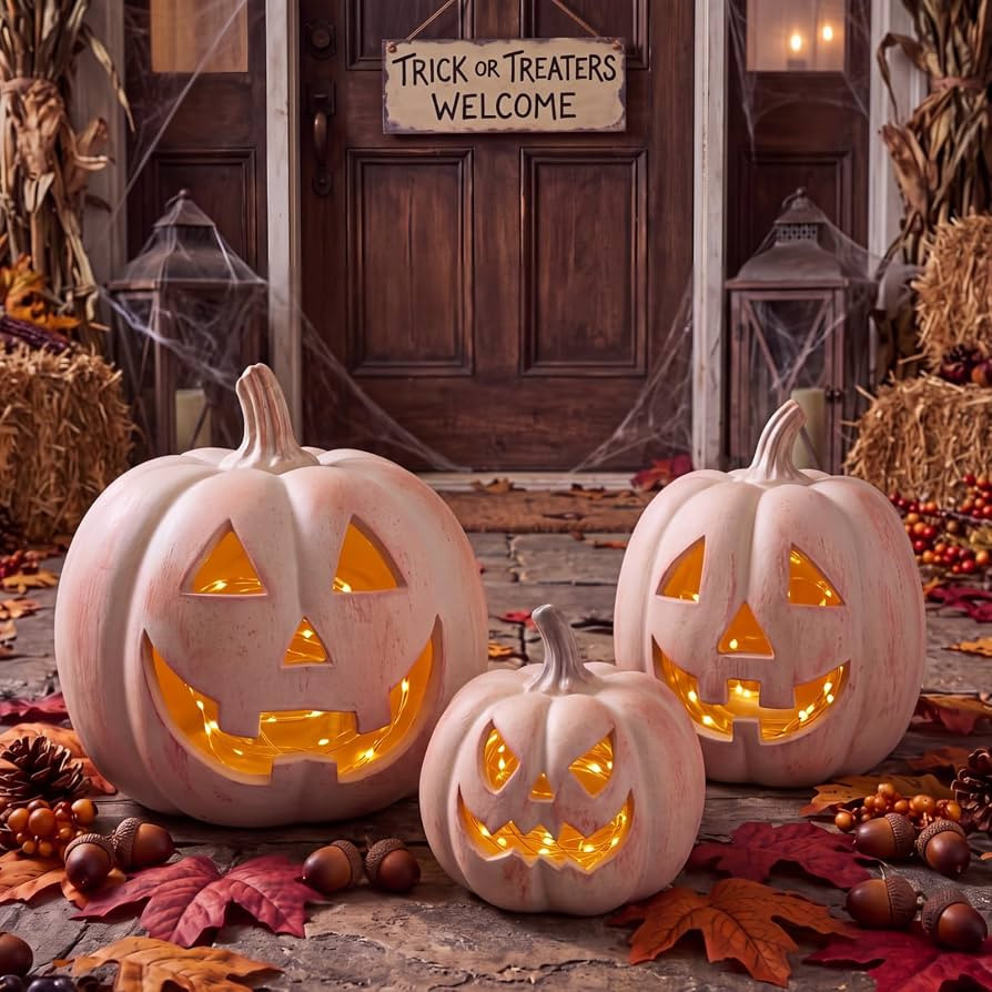 Fuutreo 3 Pcs Resin Halloween Pumpkin Decor Jack O' Lantern Outdoor Decor | Amazon (US)