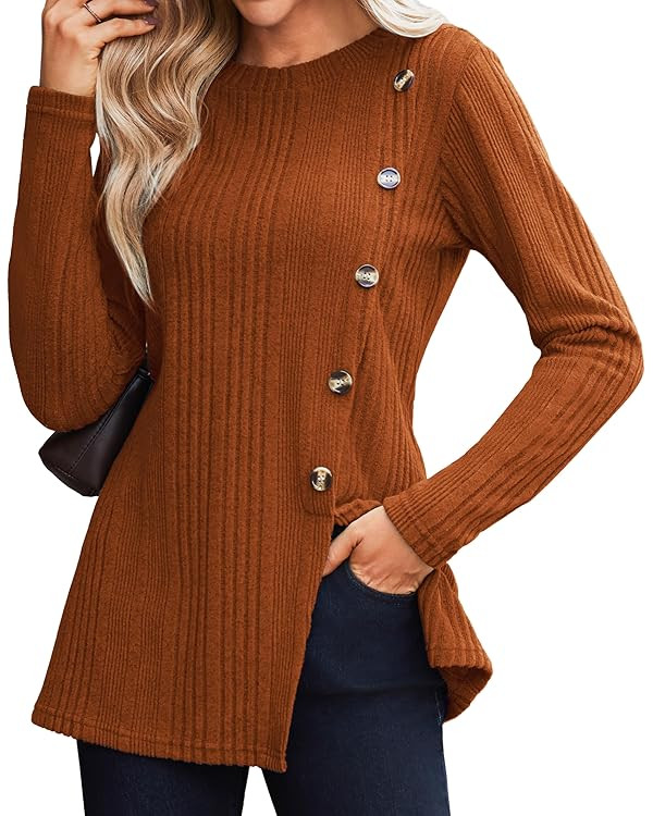 Long Sleeve Shirts for Women Crewneck Button Decor Casual Tops Lightweight Side Split Tunic | Amazon (US)