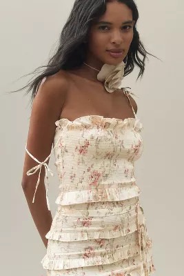 V. Chapman Lily Ruched & Ruffled Stretch Satin Midi Dress | Anthropologie (US)