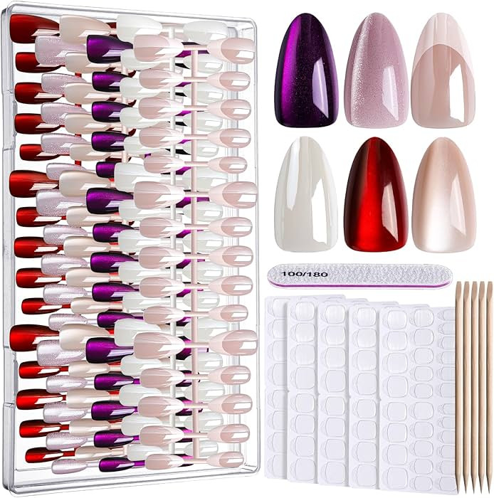 FANDAMEI Press On Nails Almond, 6 Colors Cat Eye Press On Nails, Natural Fake Nails Glossy French... | Amazon (US)