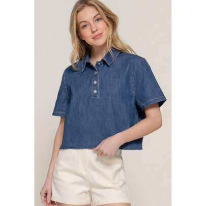 Short Sleeve Boxy Denim Shirt | SHEIN