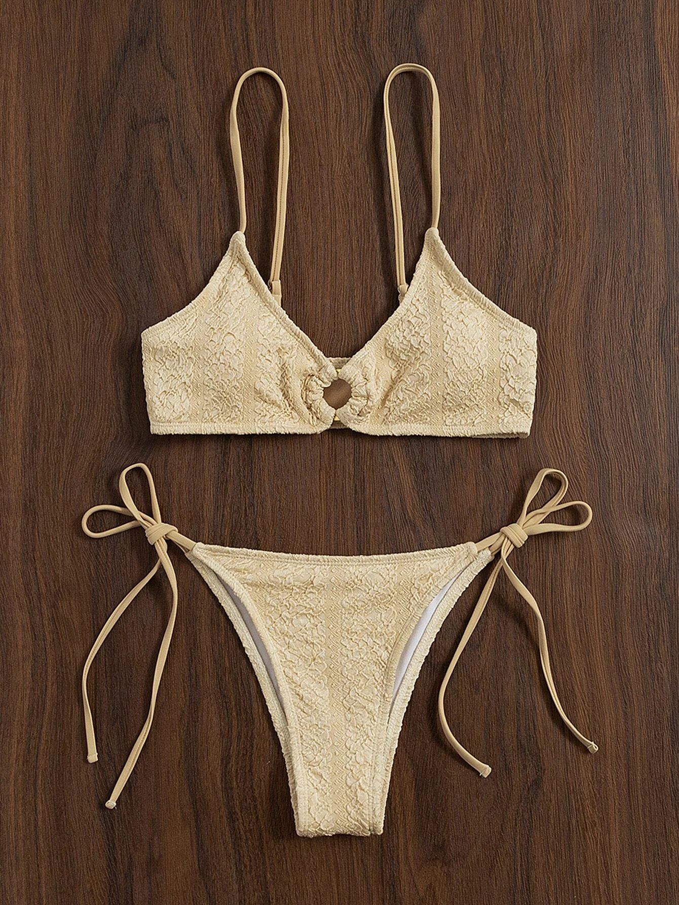 Textured Ring Linked Bikini Swimsuit | SHEIN