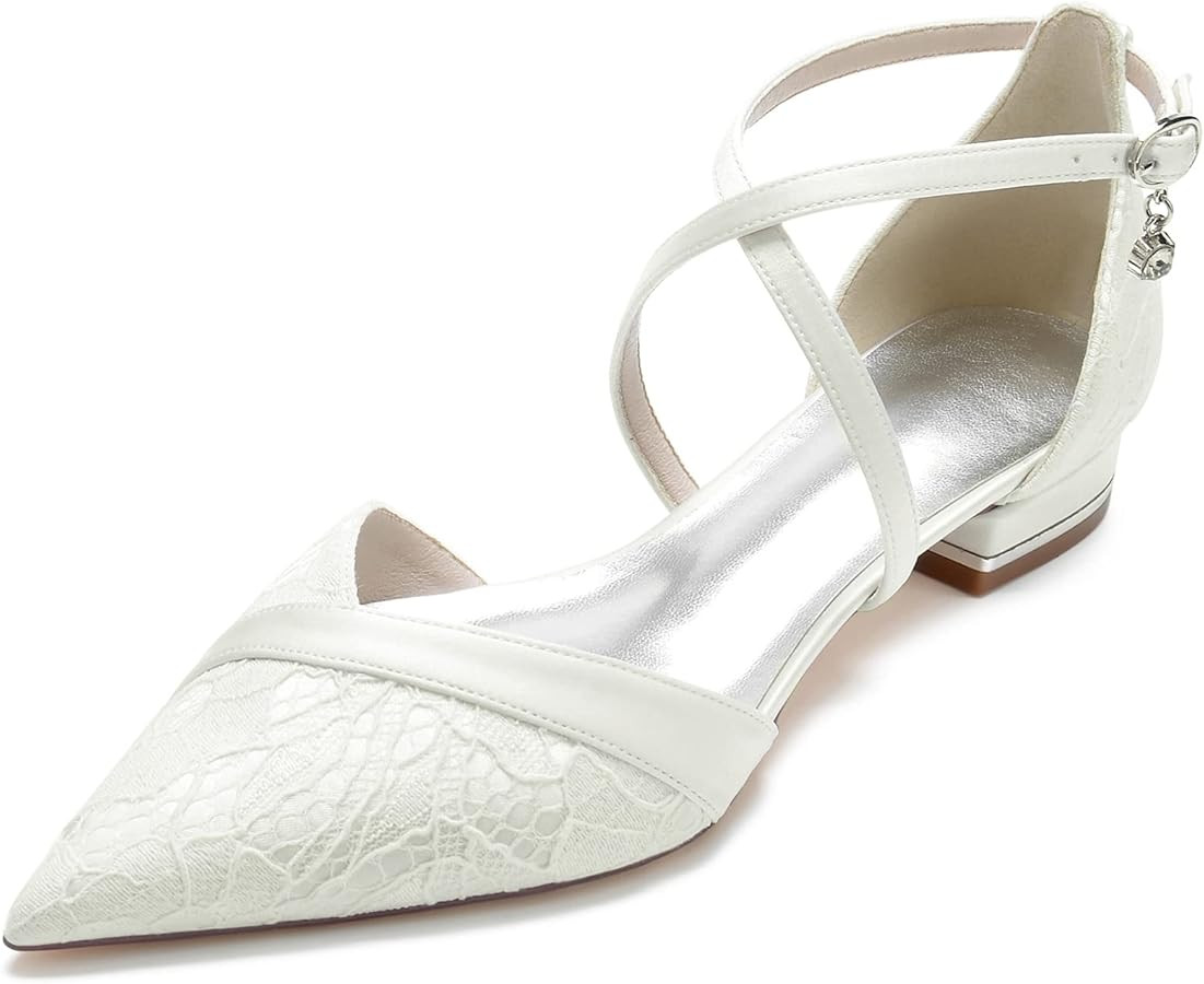 Women's Pointed Toe Lace Wedding Flats for Bride Comfortable Strappy Wedding Shoes Low Heels Cros... | Amazon (US)