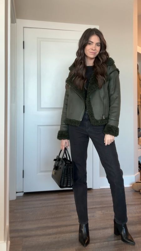 Briefly styled outfit of the day, work outfits, work style, business casual, moto jacket, black jeans, saint Laurent, sac du jour, green jacket, winter style

#LTKworkwear #LTKitbag #LTKstyletip