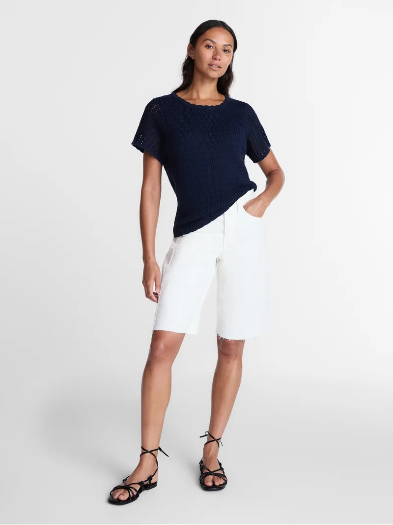 Time and Tru Women's Textured Crewneck Sweater with Short Sleeves, Lightweight, Sizes XS-XXXL | Walmart (US)